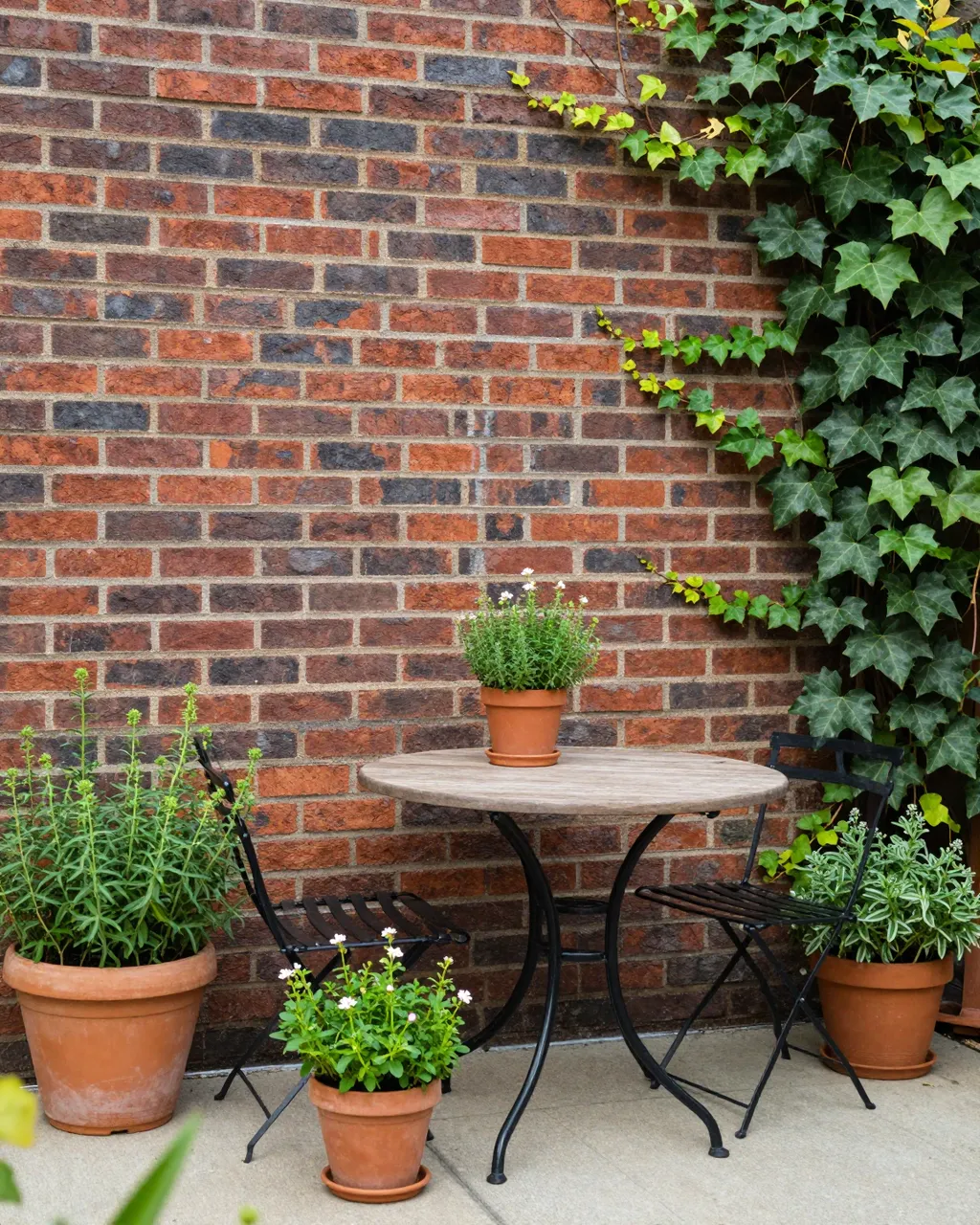 Small city backyard patio with a bistro table, chairs, potted herbs and climbing ivy against a brick wall