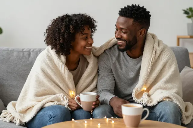Smiling Black couple in their thirties share a blanket, hot cocoa and fairy lights while sitting on a living room sofa