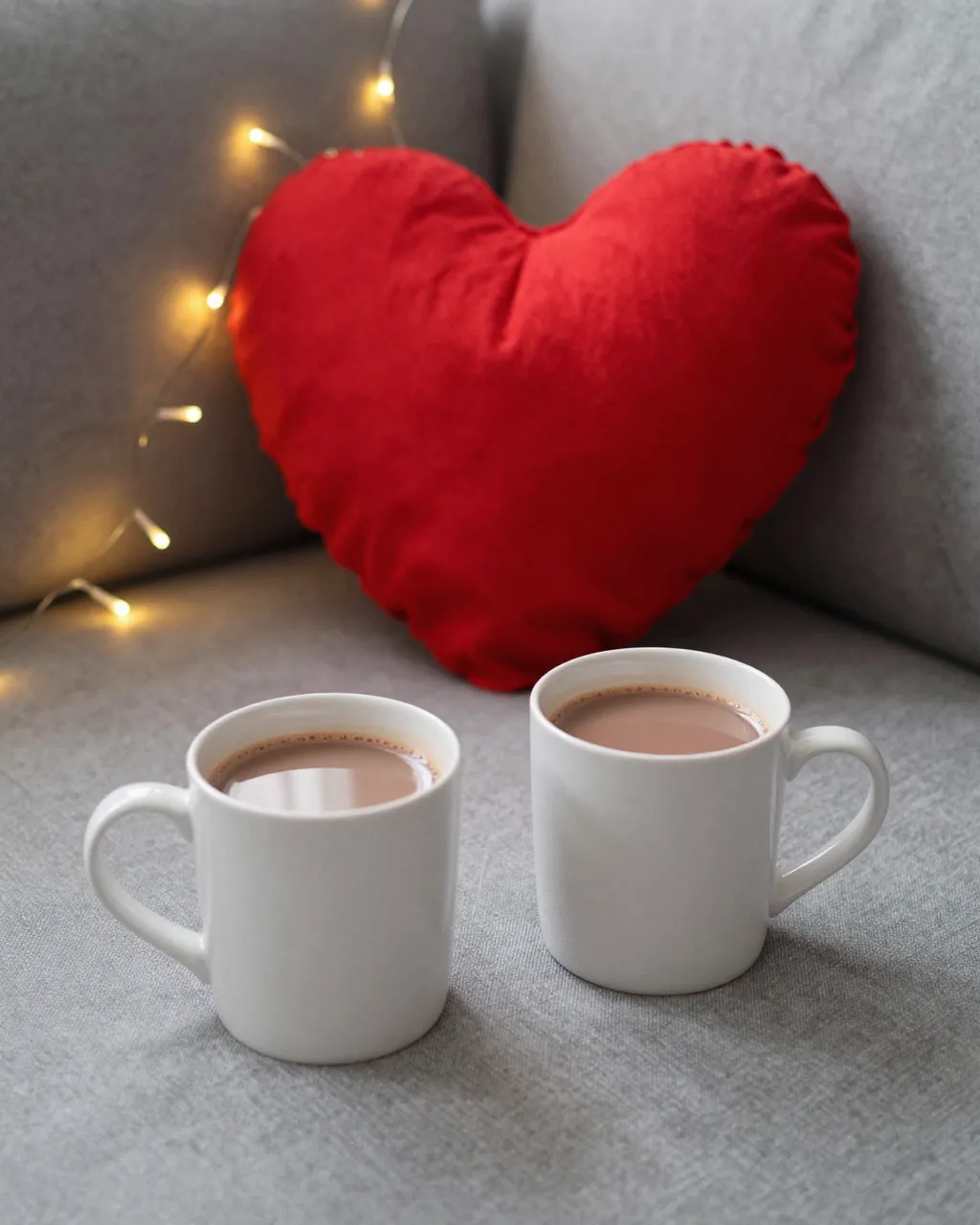 Two white mugs of hot cocoa sit on a gray couch next to a red heart cushion and glowing fairy lights