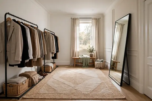 Spare bedroom converted to a dressing room with clothing rails, a large rug and standing floor mirror