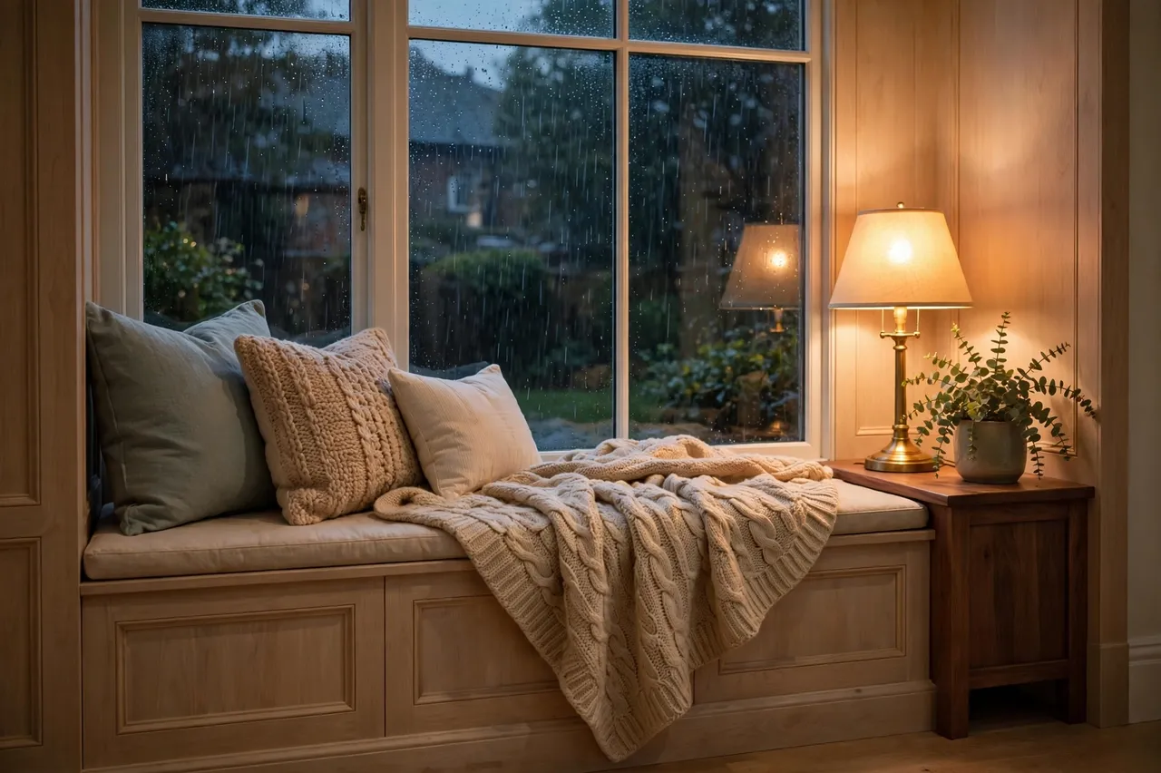 A built-in window seat with cushions, a knitted throw and warm lamp light overlooks a rainy evening yard.