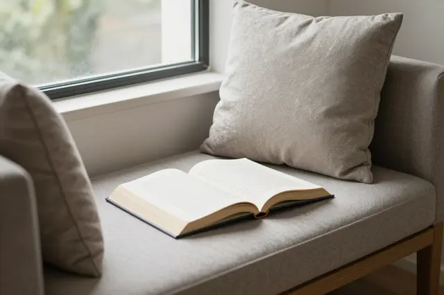 An open hardcover book rests on a soft upholstered window seat with plush cushions next to a daylight window.