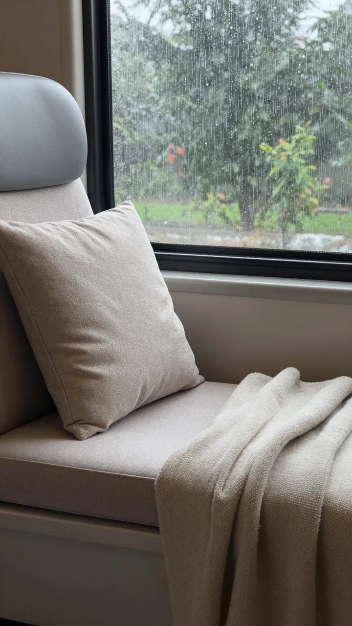Neutral upholstered window seat with a cushion and knit throw beside a rain streaked window looking out to green foliage