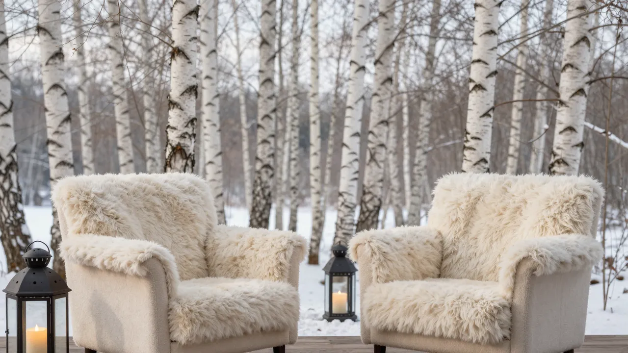 Two fluffy woolly armchairs sit with lit candle lanterns on a wooden deck overlooking a snowy birch forest