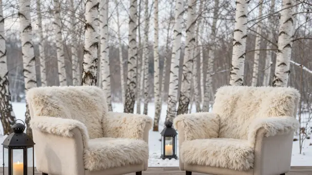 Two fluffy woolly armchairs sit with lit candle lanterns on a wooden deck overlooking a snowy birch forest