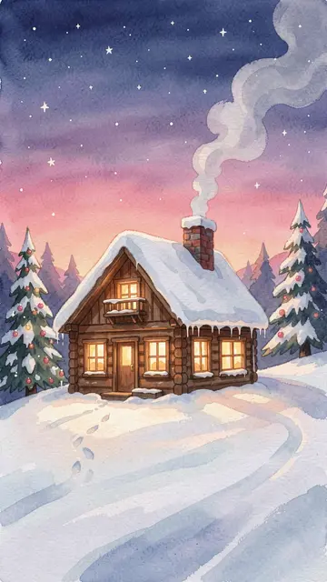 Gouache illustration of a snow-covered log cabin with glowing windows and smoking chimney on a snowy hill at starry dusk