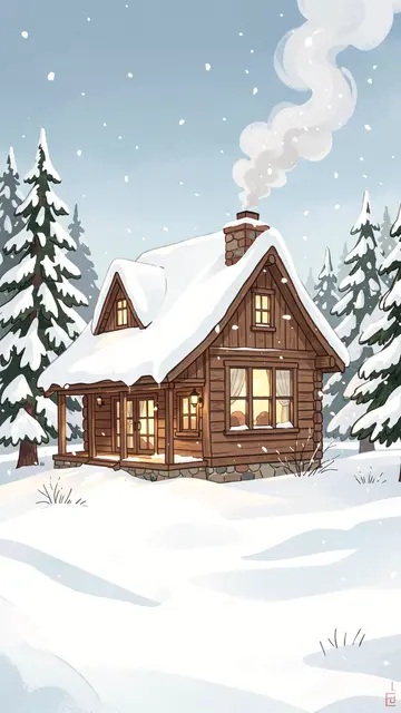 A warm lit wooden cabin with smoking chimney sits in a snow covered pine forest while snow falls