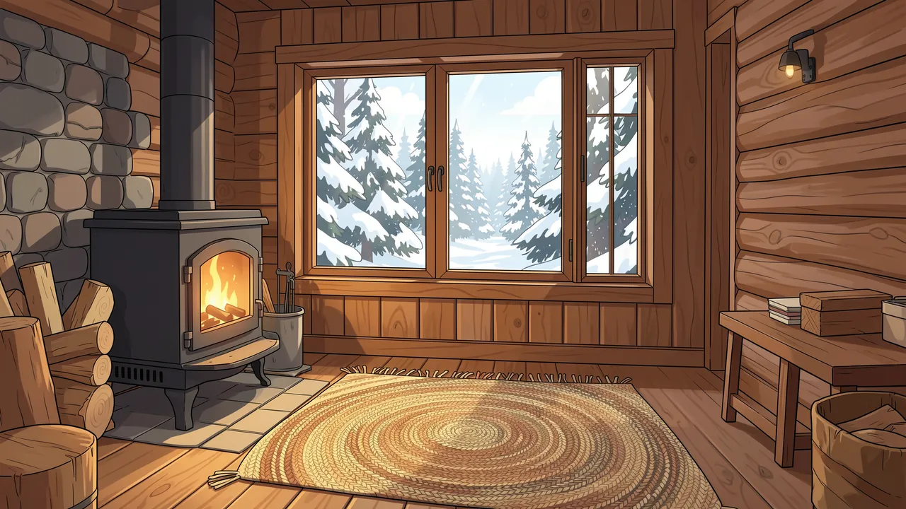 Anime-style illustration of a log cabin interior with a lit wood stove overlooking a snowy pine forest through a large window