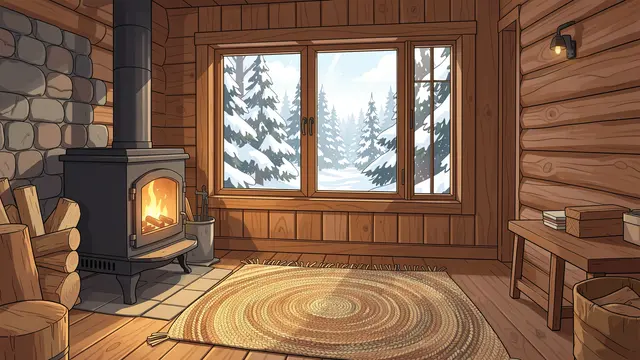 Anime-style illustration of a log cabin interior with a lit wood stove overlooking a snowy pine forest through a large window