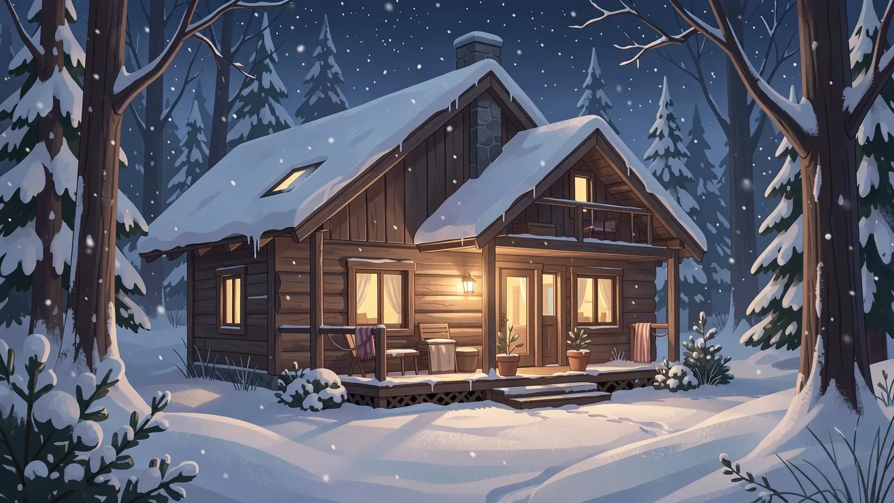 Warm lit wooden cabin sits in a snow covered pine forest on a quiet snowy night