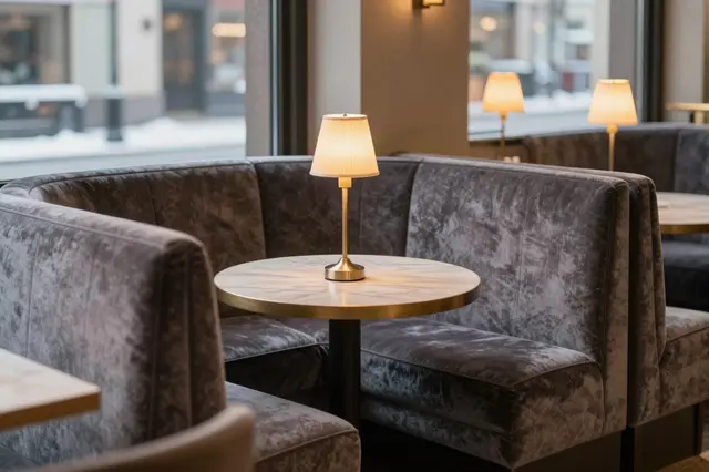 Gray velvet banquette seating sits around marble tables with warm table lamps next to a snowy street view