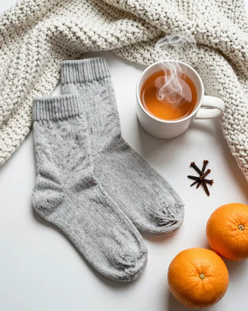 A flat lay arrangement of wool socks, steaming tea, a knit blanket, oranges and cloves on a light surface