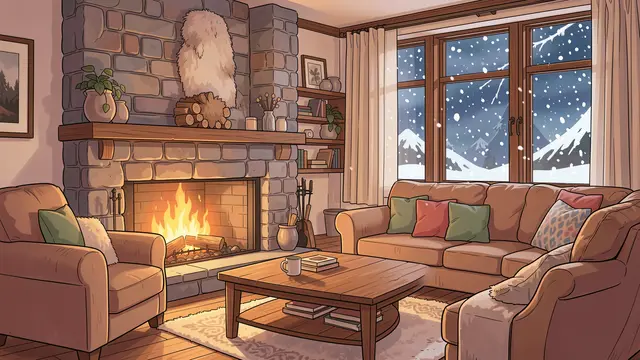 An anime-style cozy living room with a lit stone fireplace and falling snow visible through the large windows