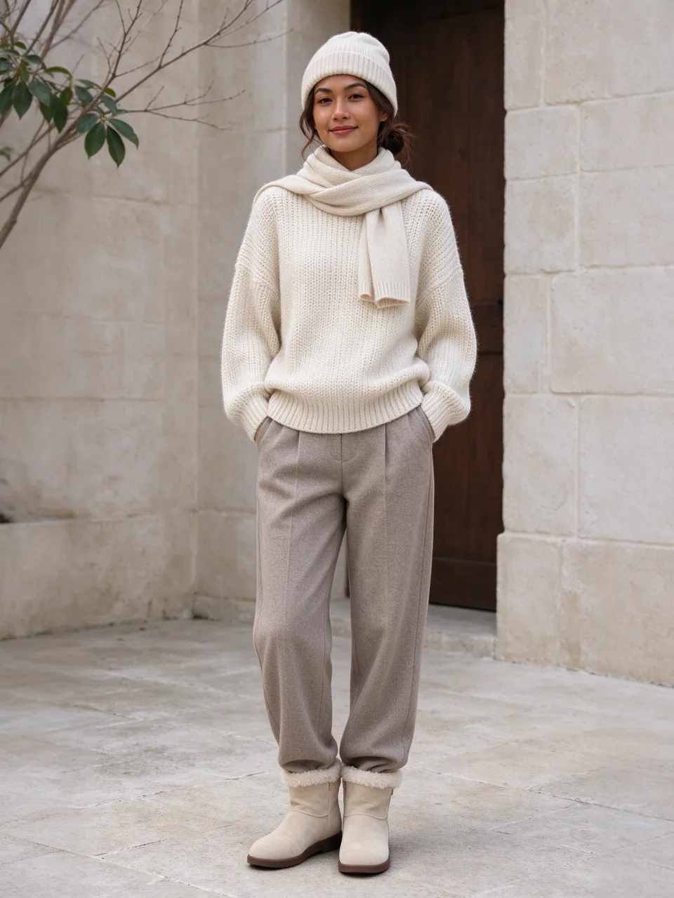 A Southeast Asian woman in a cream winter knit outfit stands smiling outside a stone building with hands in her trouser