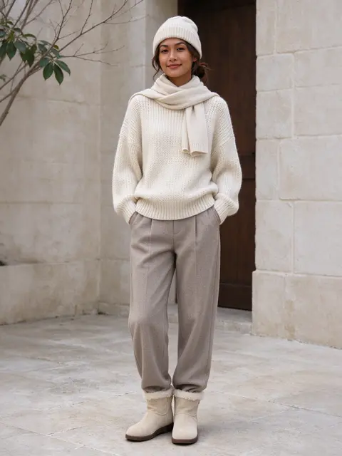 A Southeast Asian woman in a cream winter knit outfit stands smiling outside a stone building with hands in her trouser