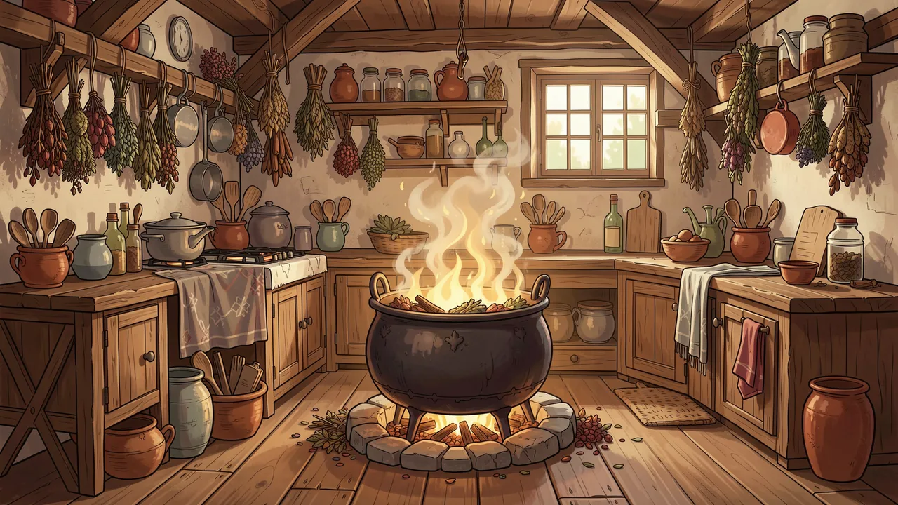 Warm storybook style witch's kitchen with a bubbling cauldron and hanging dried herbs.