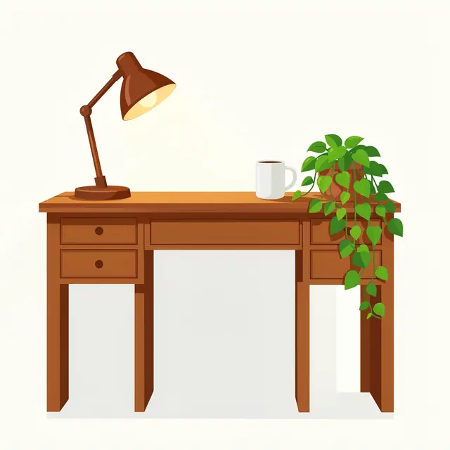 Flat vector illustration of a tidy wooden desk with a lit desk lamp, coffee mug, and trailing pothos plant