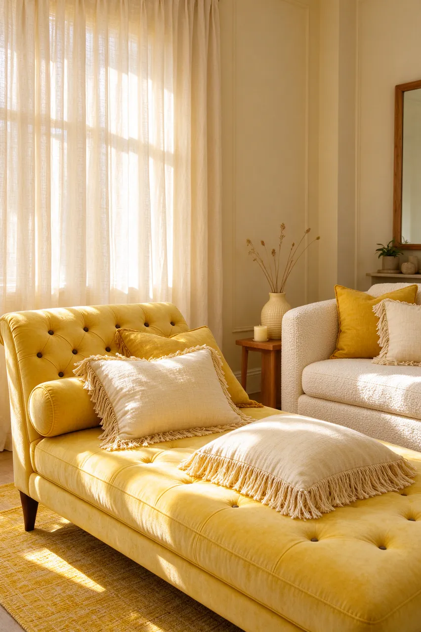 Afternoon sunlight filters through linen curtains onto a tufted yellow chaise and cream armchair in a warm living room