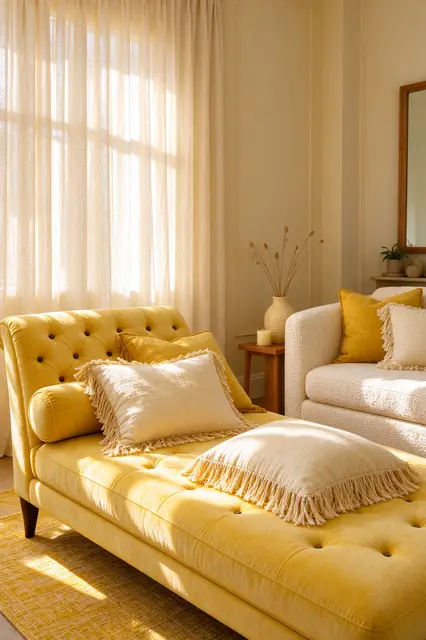 Afternoon sunlight filters through linen curtains onto a tufted yellow chaise and cream armchair in a warm living room