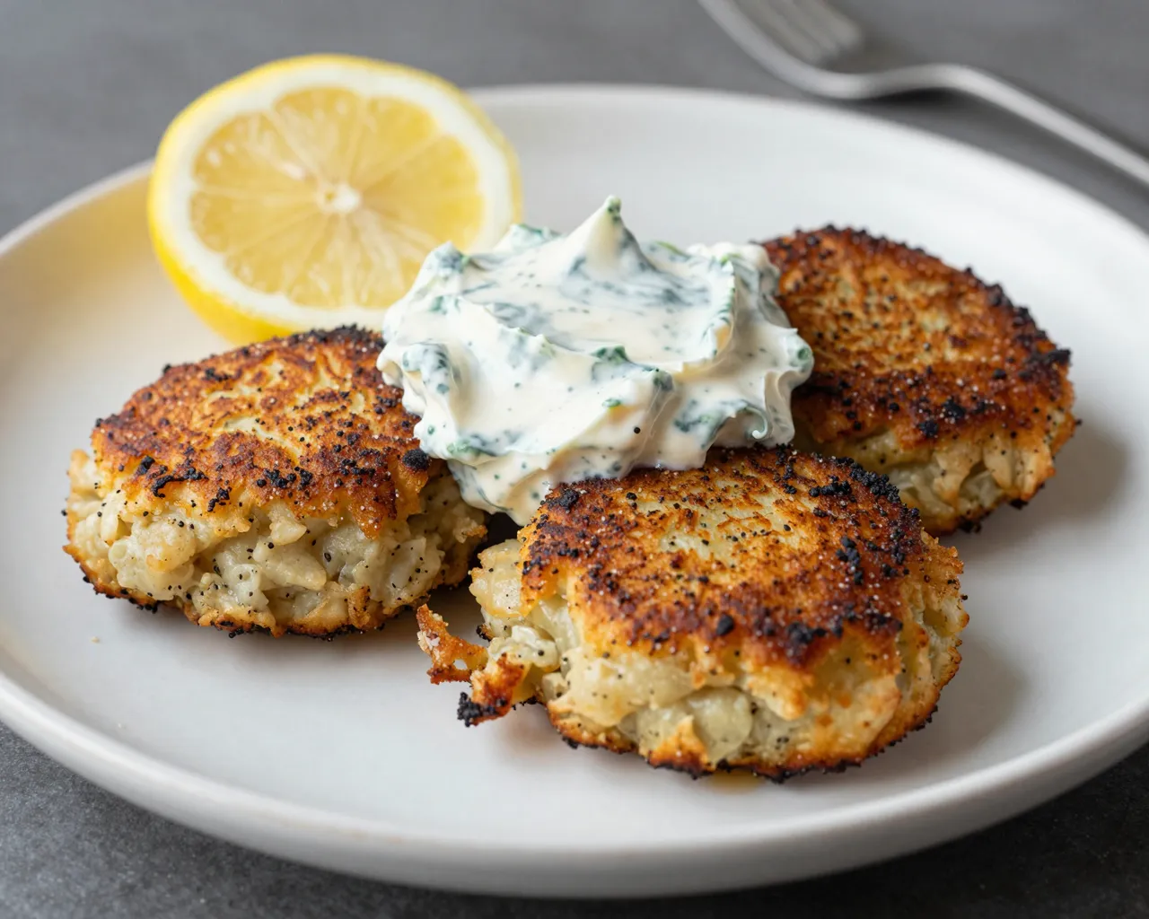 Pan-seared crab cakes topped with herb remoulade, served with a lemon slice on a white ceramic plate