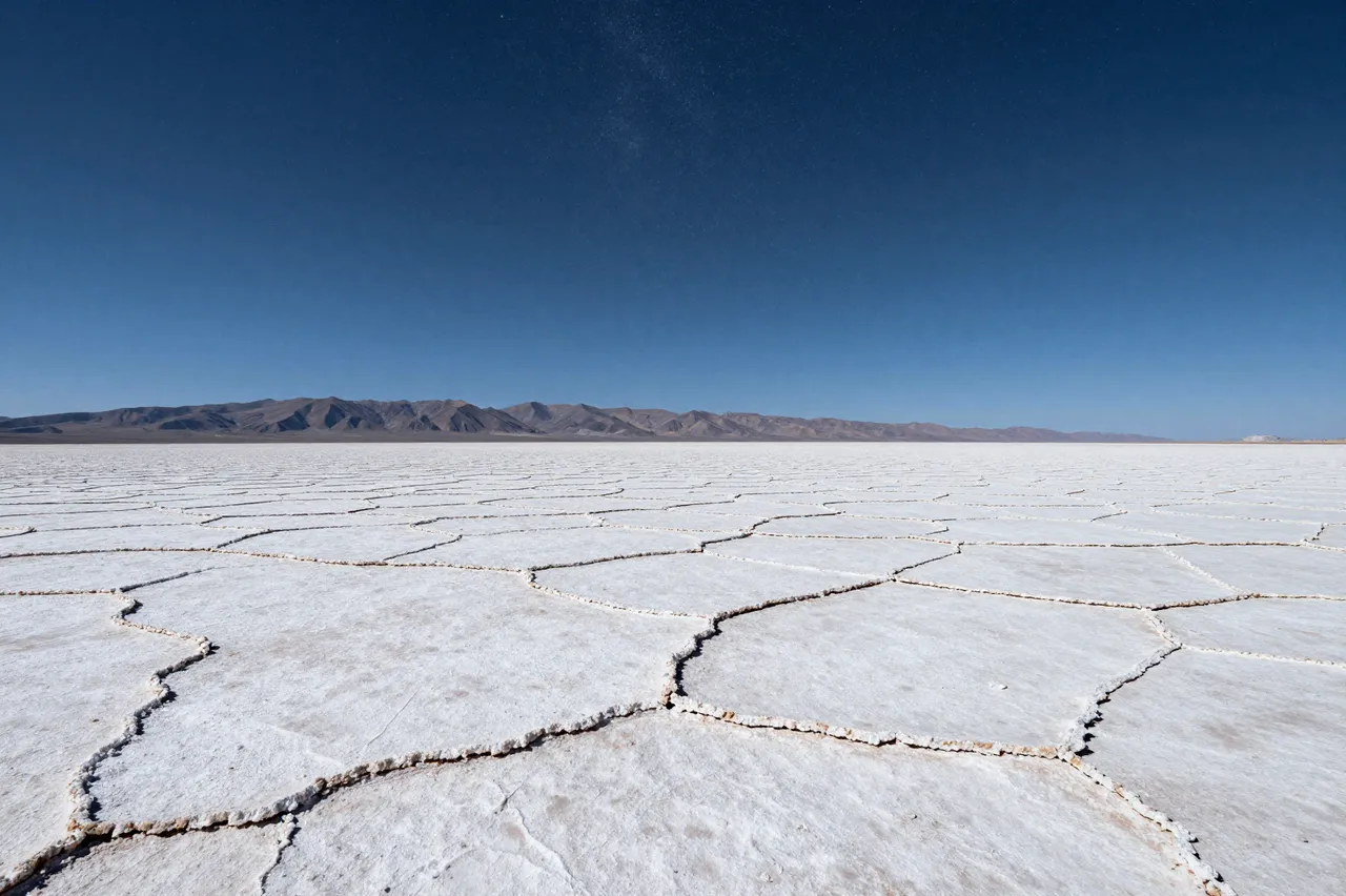 Cracked white salt flat stretches toward distant mountains under a deep blue clear sky