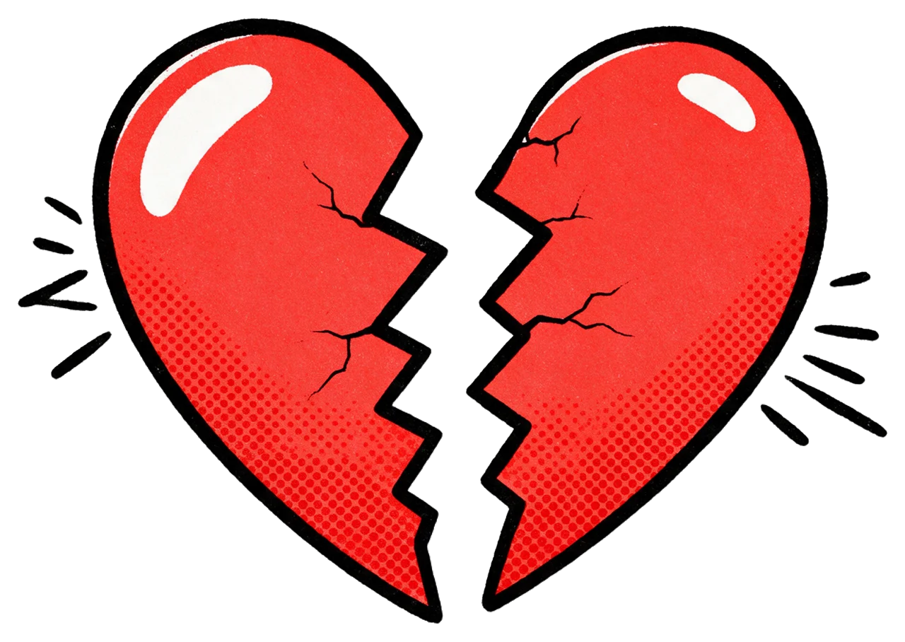 Vintage comic book illustration of a cracked red heart split into two separated halves with motion lines