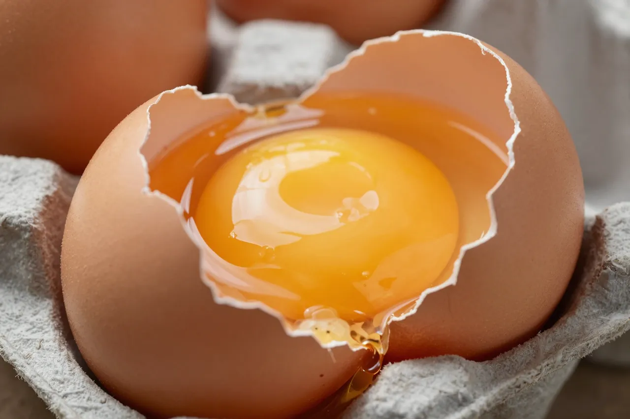 Close up of a cracked brown egg holding bright golden yolk and egg white in a paper egg carton