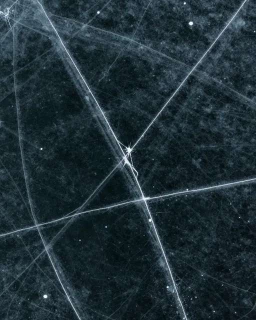 Top-down view of dark black lake ice crisscrossed with thin bright white fracture lines