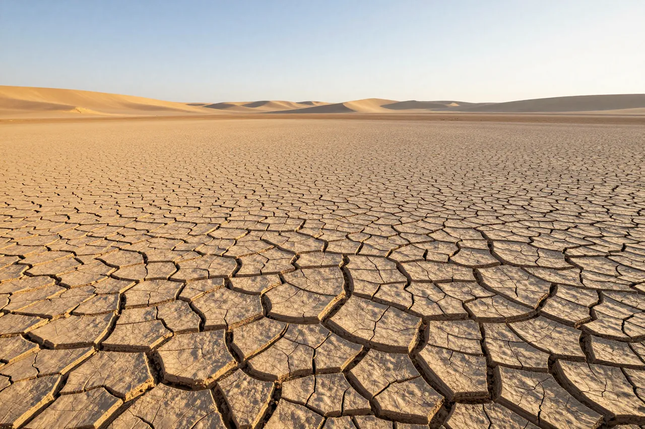 Wide view of cracked dry desert basin ground with distant sand dunes under a pale golden hour sky