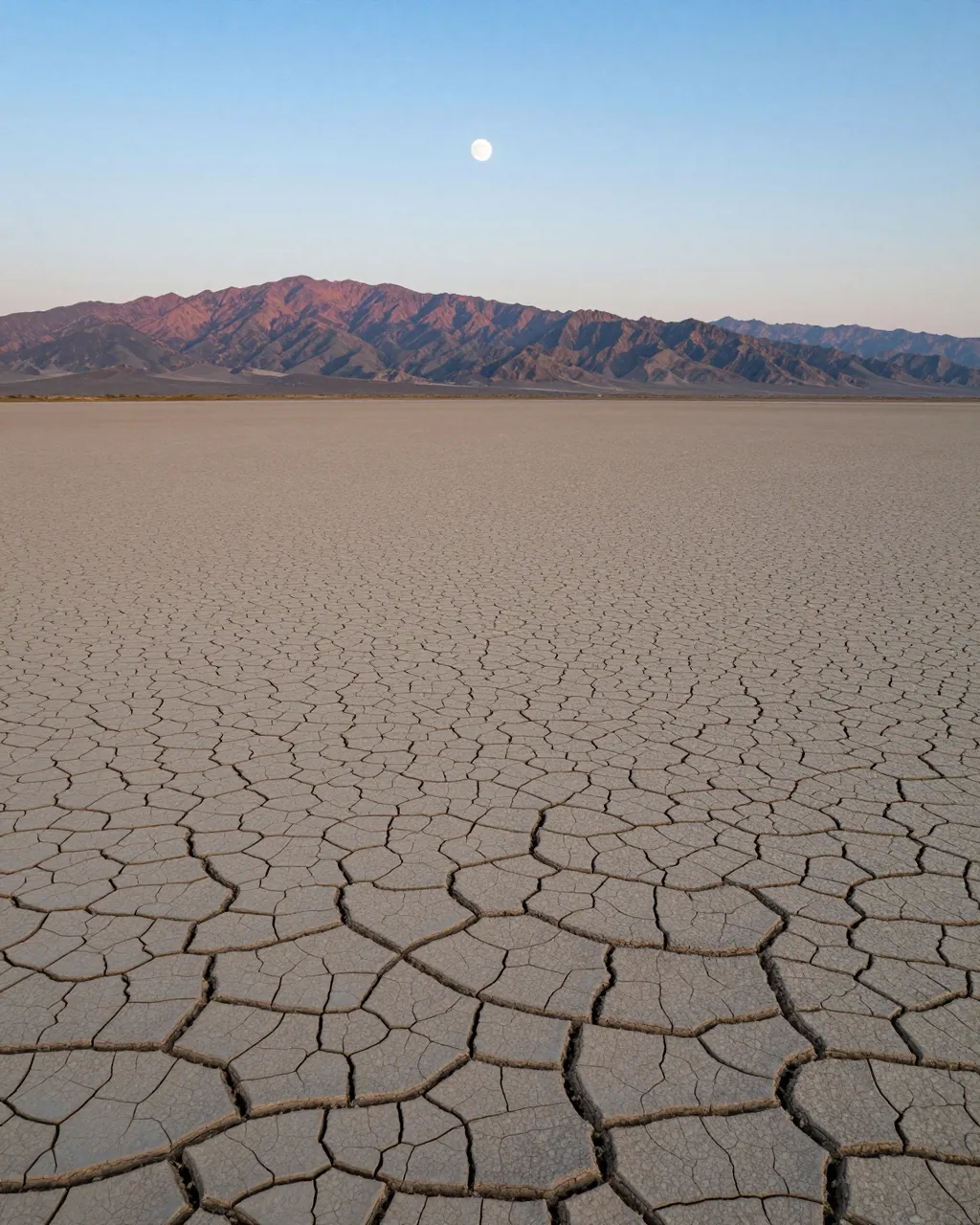 Dry cracked desert lake bed stretches to a mountain range with a full moon overhead at twilight
