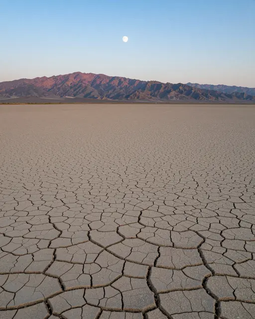 Dry cracked desert lake bed stretches to a mountain range with a full moon overhead at twilight