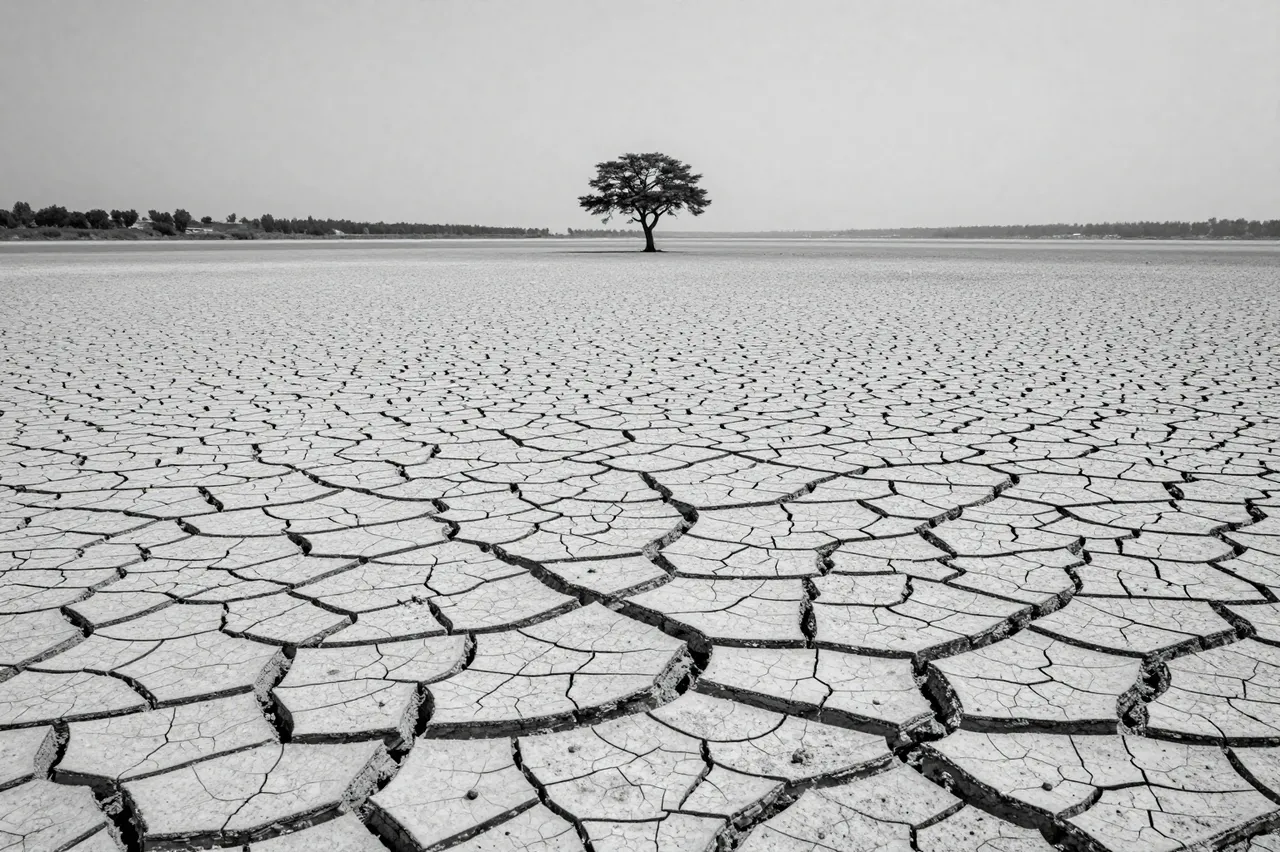 Black and white view of a deeply cracked dry lakebed with a single distant standing tree