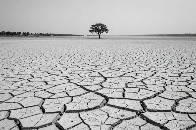 Black and white view of a deeply cracked dry lakebed with a single distant standing tree