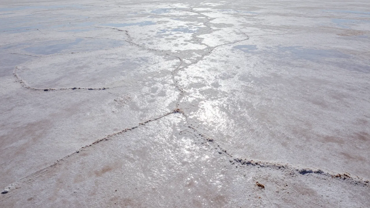 Sunlit cracked salt pan surface with glistening mineral deposits and faint residual water patches
