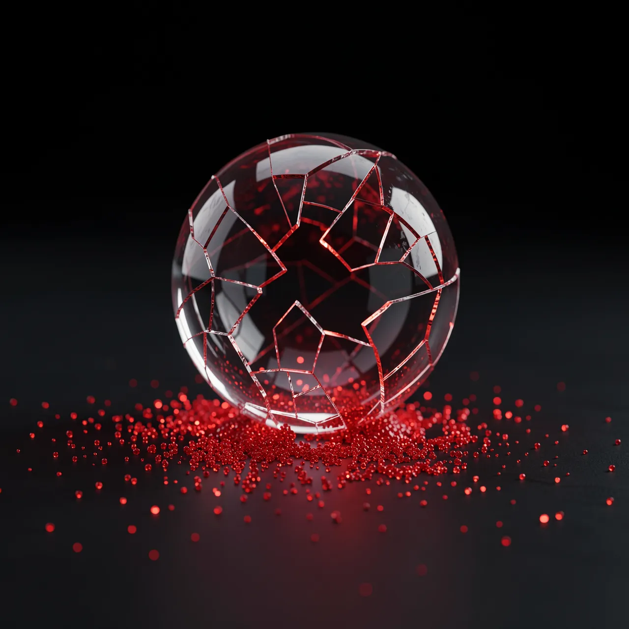 A cracked clear glass sphere rests on a dark surface with glowing red particles spilling out around it