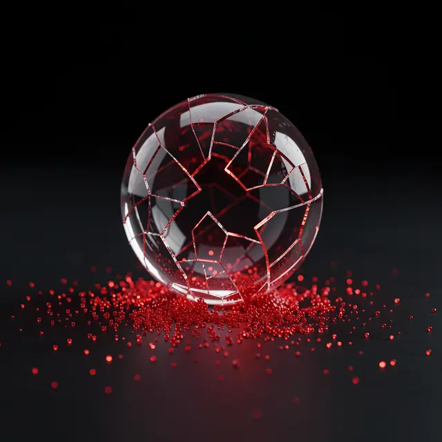 A cracked clear glass sphere rests on a dark surface with glowing red particles spilling out around it