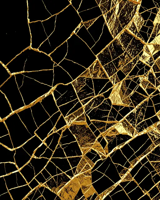 Textured cracked gold leaf pattern set against a solid deep black background