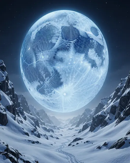 A massive glowing cracked ice-blue moon looms above a narrow snowy mountain valley under a starry night sky