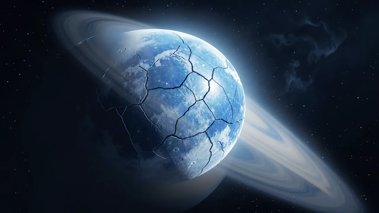 A cracked blue icy moon sits in the foreground with a ringed gas giant rising behind it in starry deep space