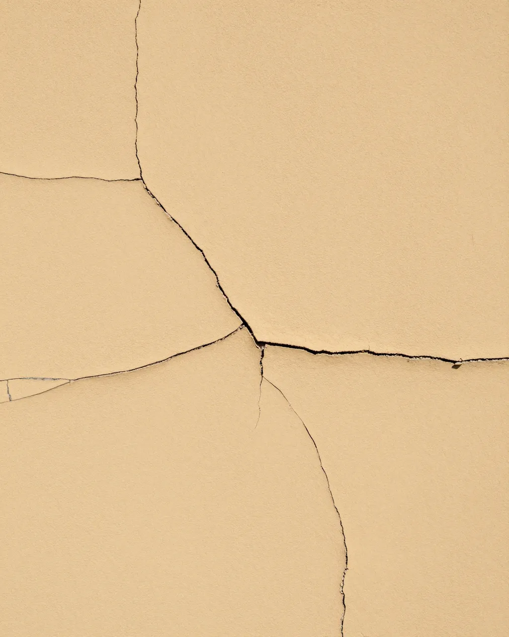 Full frame close-up of weathered ochre plaster marked by dark branching crazing cracks under flat even light