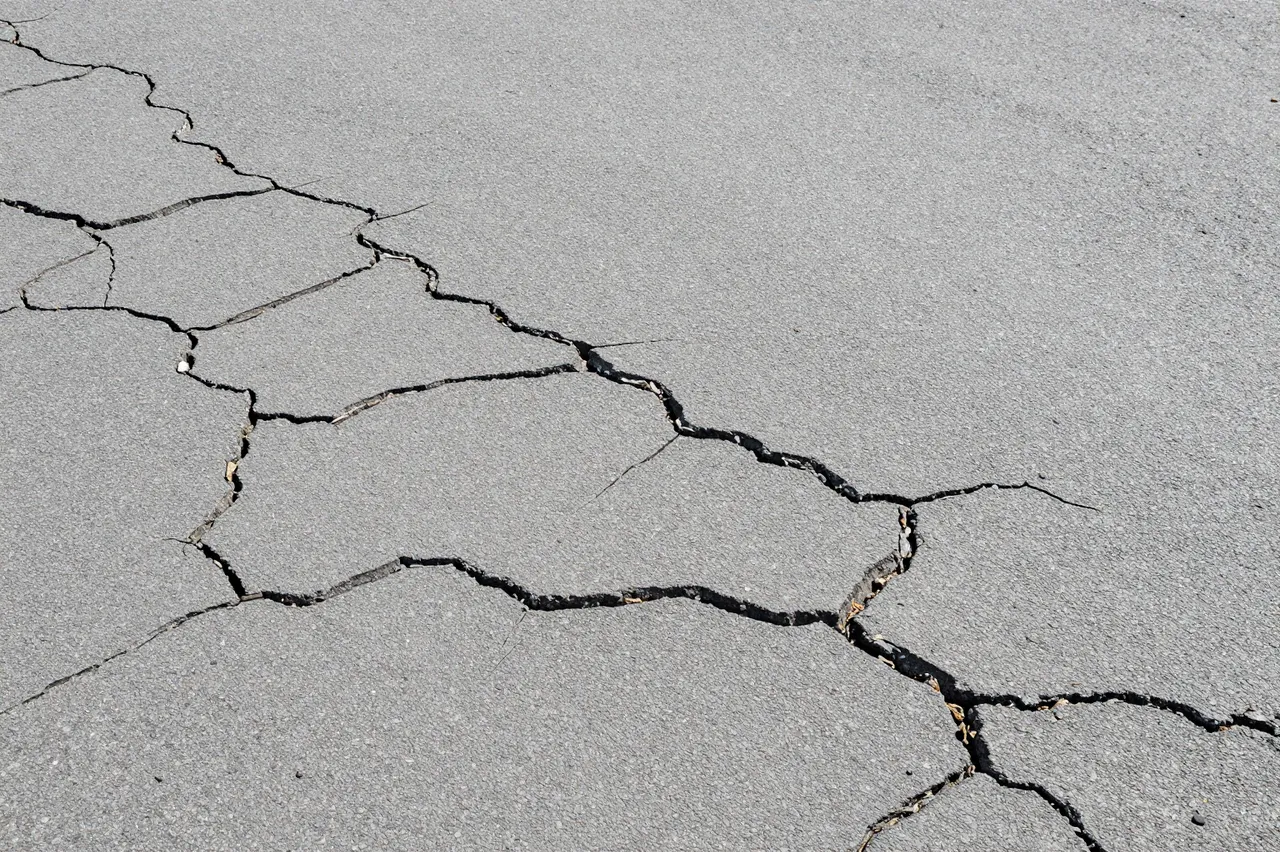 Top view of sun-bleached gray asphalt covered in a web of intersecting cracks filling the full frame