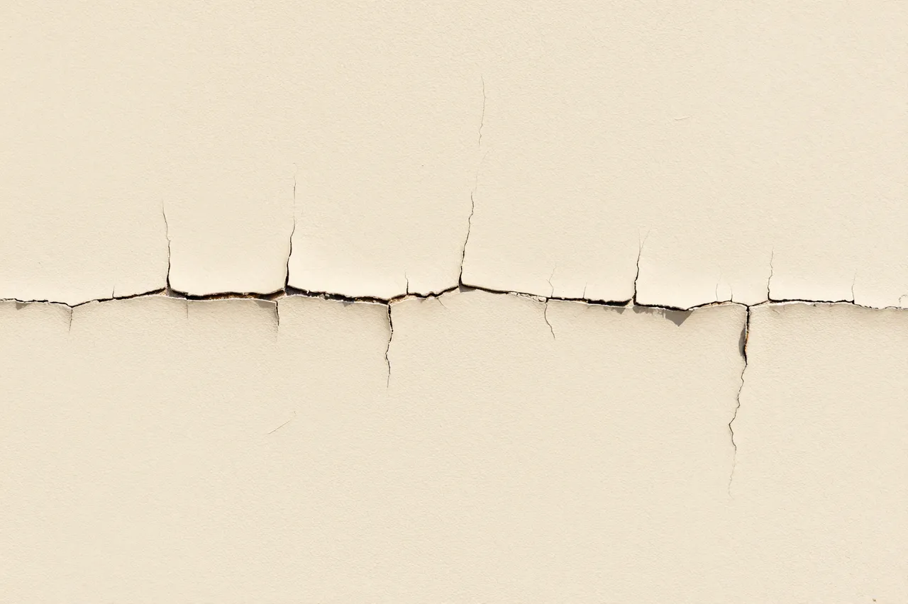 Full frame close-up of deeply crazed, peeling old cream paint with a horizontal split and fine web cracks