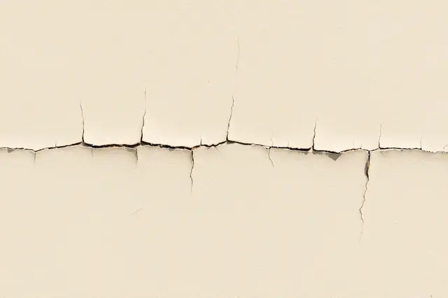Full frame close-up of deeply crazed, peeling old cream paint with a horizontal split and fine web cracks