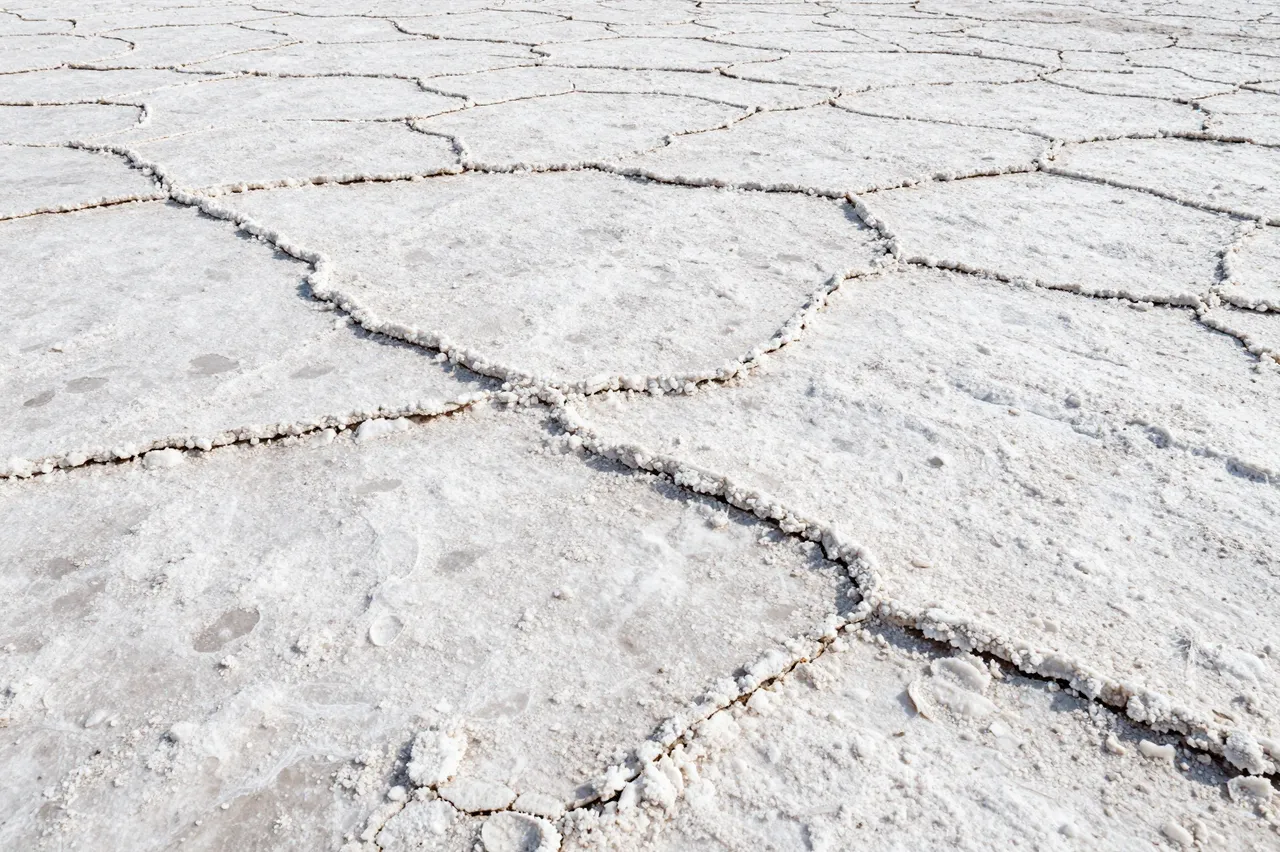Close-up full frame of cracked textured white salt crust from a dry salt flat
