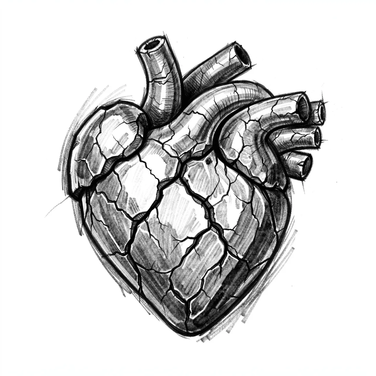 Expressive charcoal sketch of a heavily cracked stone anatomical heart on a plain white background