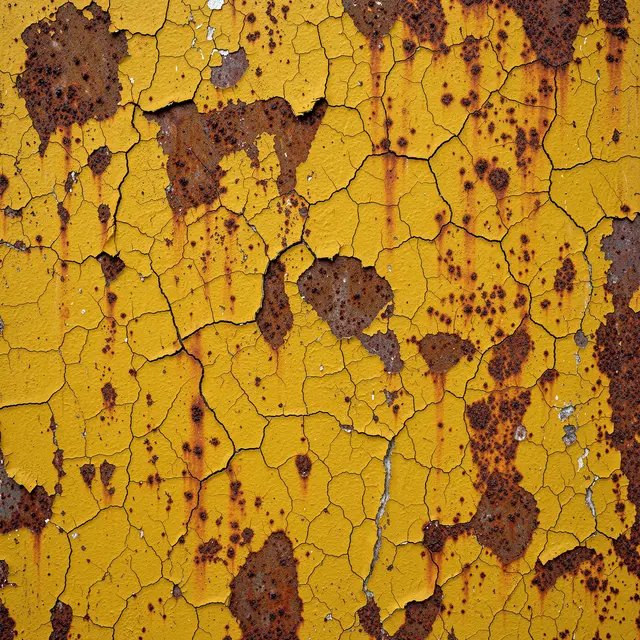 Close-up full frame view of heavily cracked mustard yellow paint peeling over rusted pitted metal