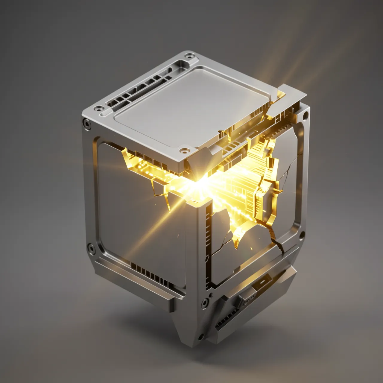Metallic processor case splits open emitting bright golden light against a neutral gray background