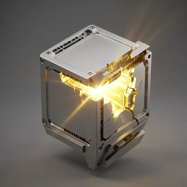 Metallic processor case splits open emitting bright golden light against a neutral gray background