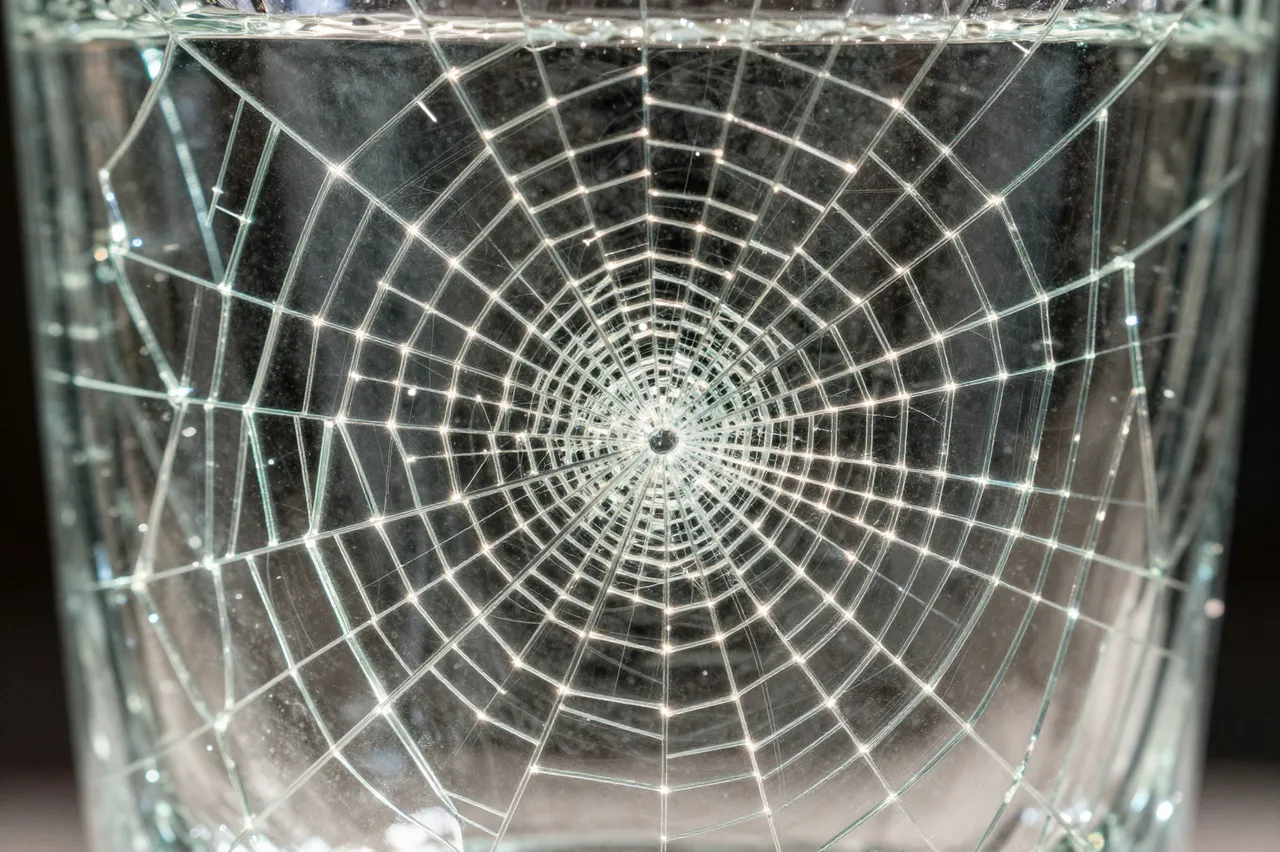 Close-up of crackle glass showing a web of fine glowing internal fractures across its surface