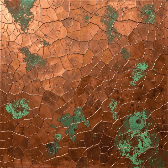 Full frame close-up of a crackled metallic copper surface with scattered green verdigris patina patches